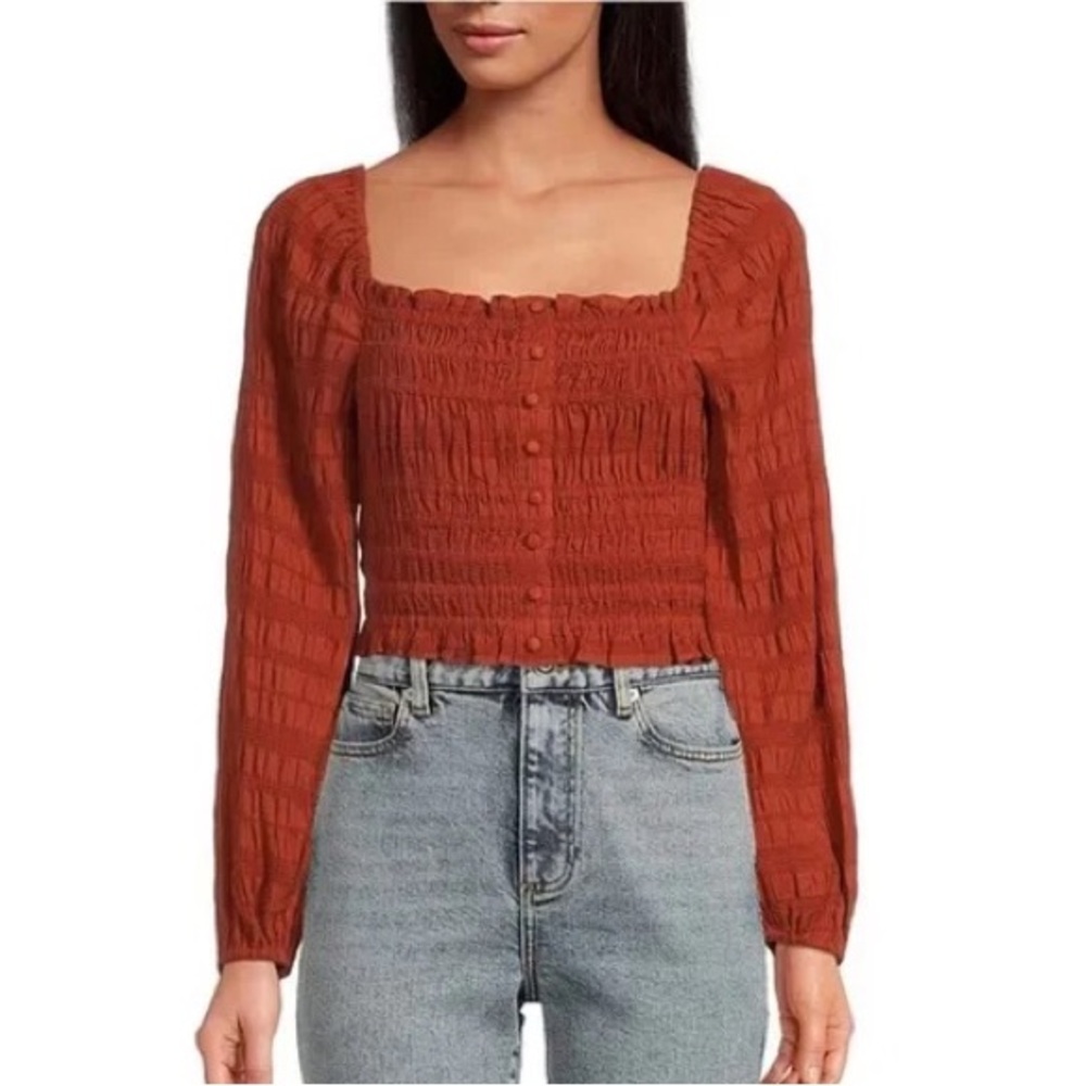 GIANNI BINI Smocked Peasant Top Long‎ Sleeve Burnt Orange Rust Red Size XS New